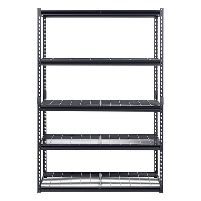 Start2Finish VEVOR heavy-duty 5-tier metal storage shelves in black, 48x24 inches, ideal for garage, warehouse, or basement storage.