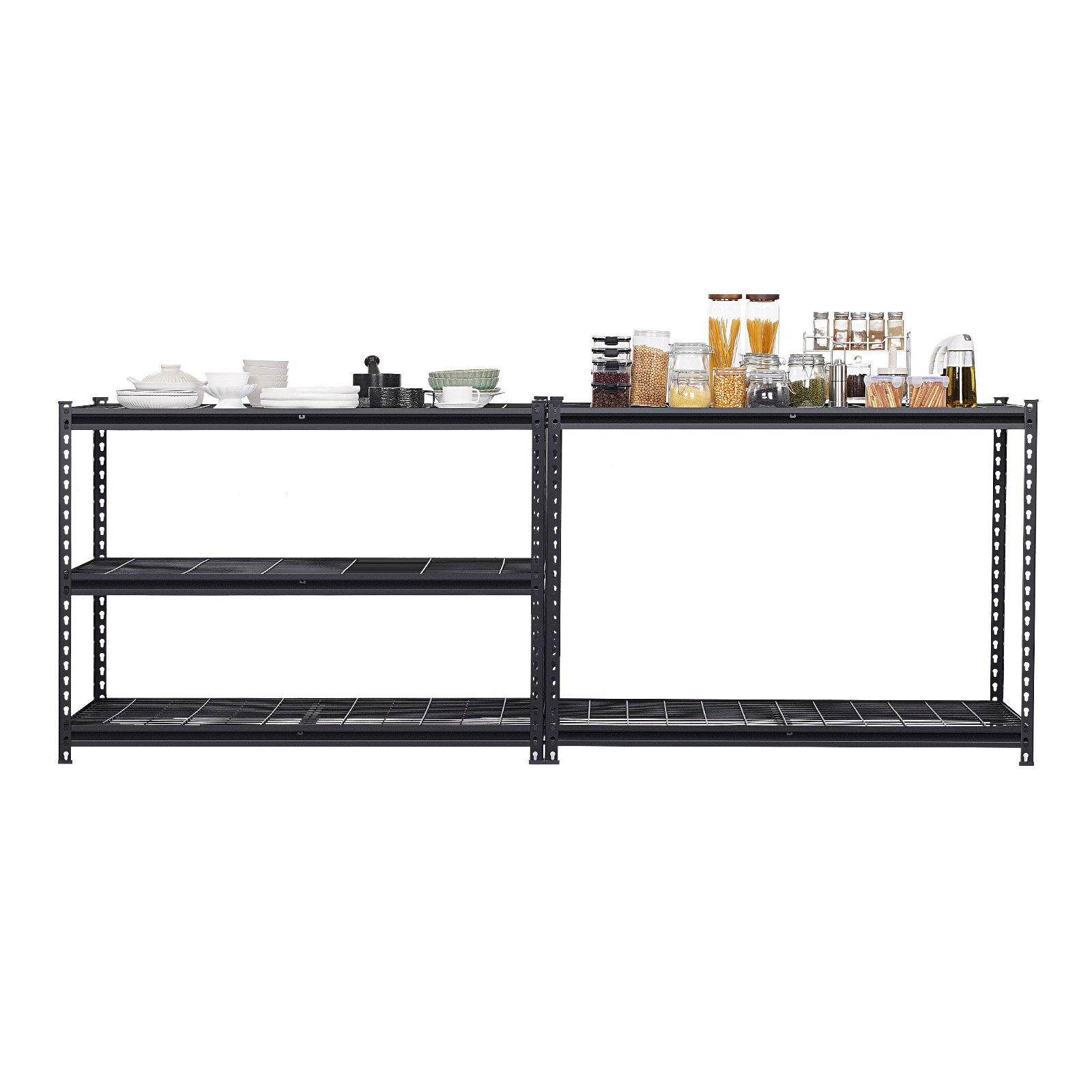 Black VEVOR 5-tier heavy-duty metal garage shelving unit with adjustable shelves, ideal for storage in warehouses, basements, and kitchens.