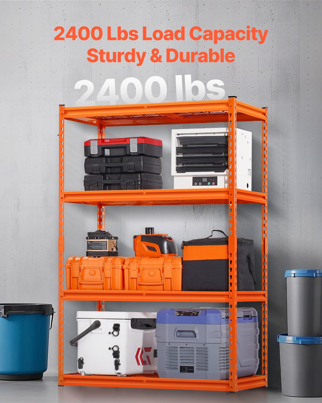 Start2Finish VEVOR heavy-duty garage shelving unit with four adjustable orange metal shelves, 20" deep, 40" wide, 60" high.