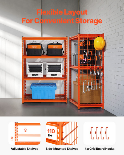 Start2Finish VEVOR 4-tier heavy duty garage shelving unit with orange metal shelves, 20" D x 40" W x 60" H for industrial storage.