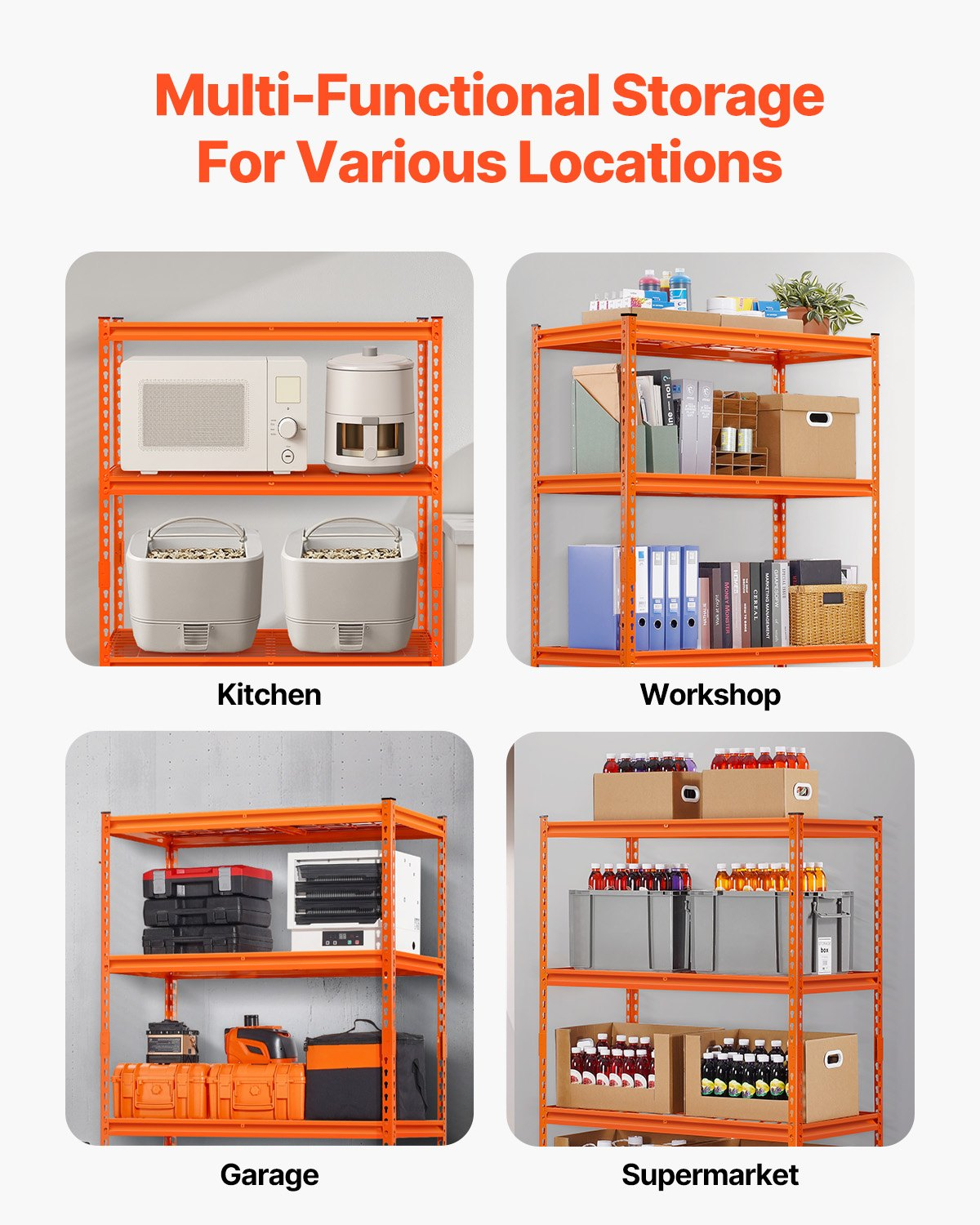 Start2Finish VEVOR heavy duty 4-tier garage shelving unit with orange metal shelves, 20" D x 40" W x 60" H for industrial storage.