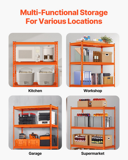 Start2Finish VEVOR heavy duty 4-tier garage shelving unit with orange metal shelves, 20" D x 40" W x 60" H for industrial storage.