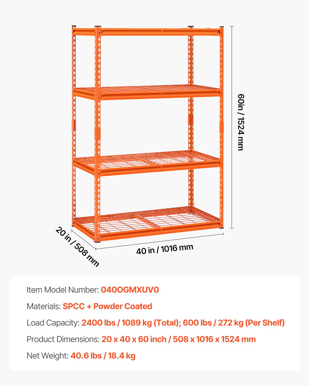 Start2Finish VEVOR 4-tier heavy-duty garage shelving unit with orange metal shelves, 20" D x 40" W x 60" H for industrial storage