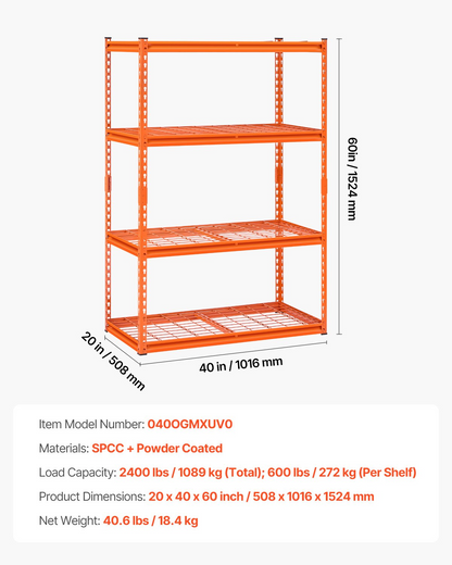 Start2Finish VEVOR 4-tier heavy-duty garage shelving unit with orange metal shelves, 20" D x 40" W x 60" H for industrial storage