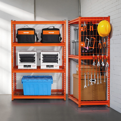 Start2Finish VEVOR 4-tier heavy duty garage shelving unit with orange metal shelves, 20" D x 40" W x 60" H, industrial storage.