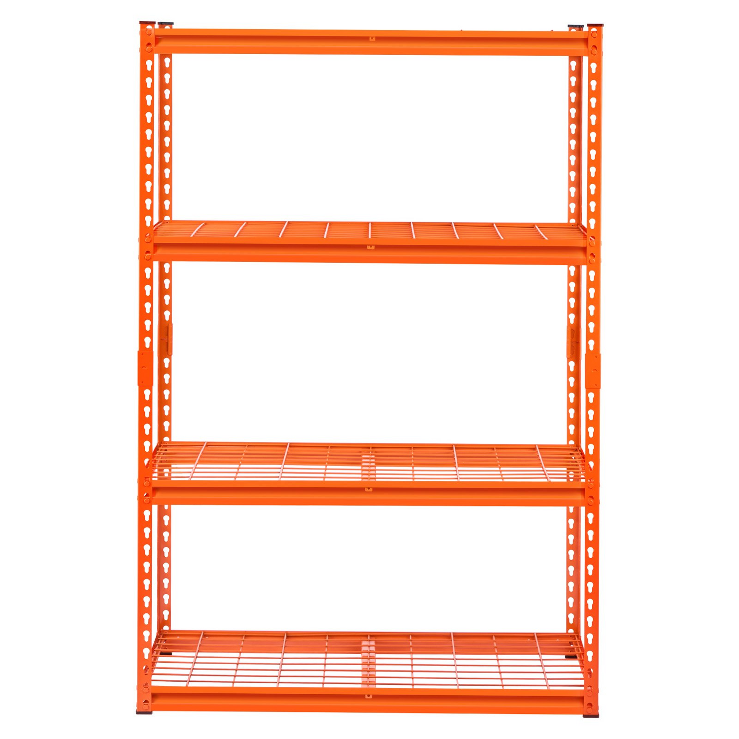 Start2Finish VEVOR 4-tier heavy duty metal garage shelving unit with orange finish, adjustable storage shelves for industrial use.
