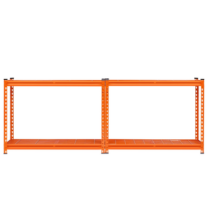 Start2Finish VEVOR heavy-duty garage shelving unit with four adjustable metal shelves, orange finish, ideal for storage and industrial use.