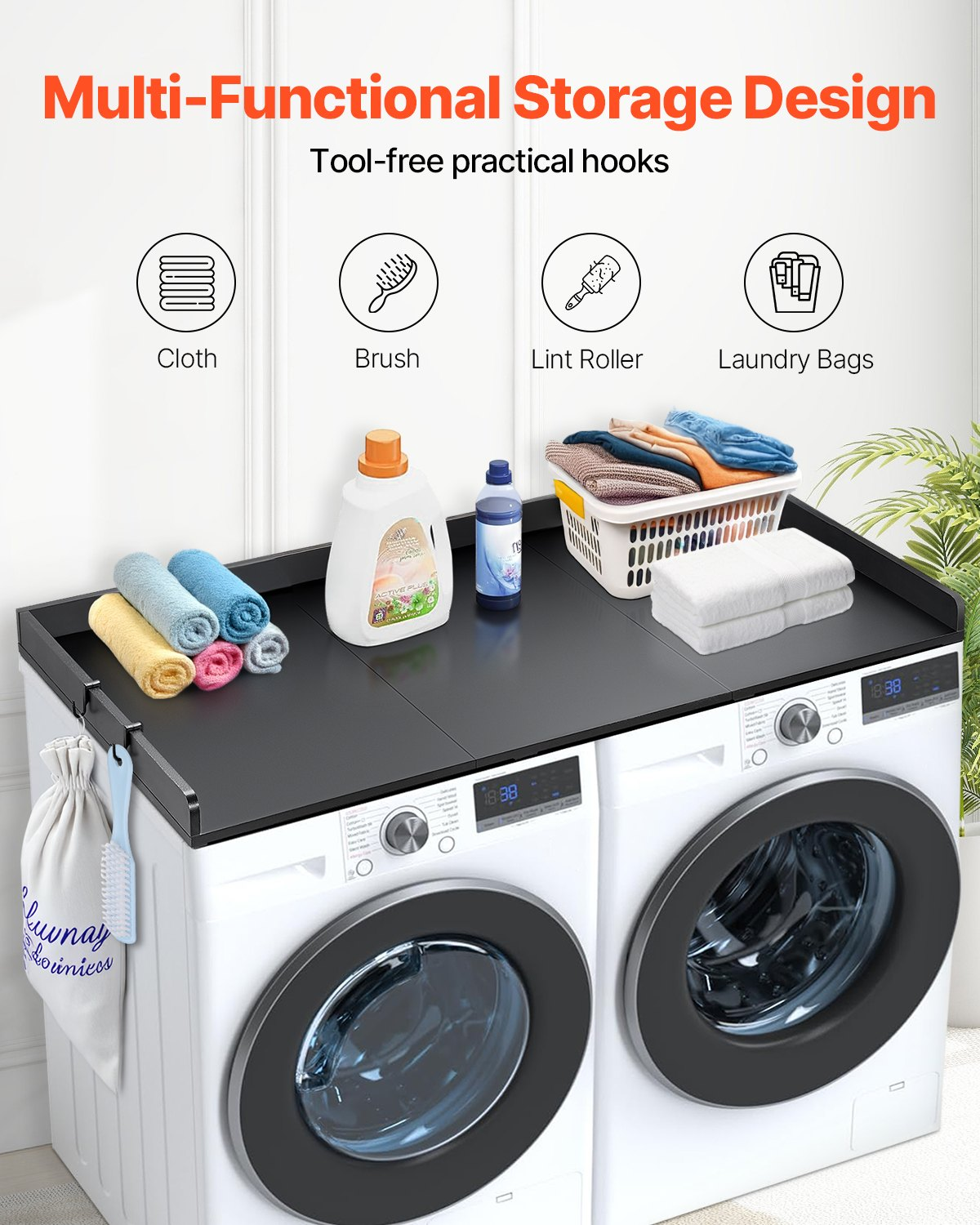 Start2Finish VEVOR washer dryer countertop with splicing panels, black wooden laundry top with non-slip pads for laundry room.
