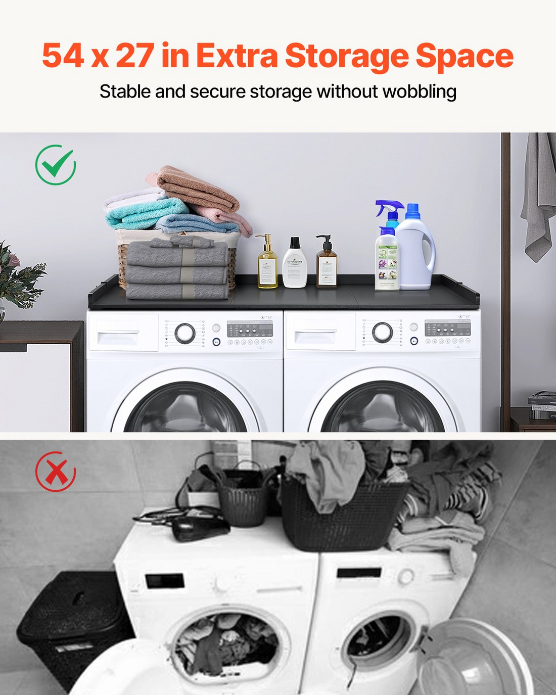 Start2Finish VEVOR washer dryer countertop with 3 splicing panels, wooden, water-resistant laundry top with non-slip pads.