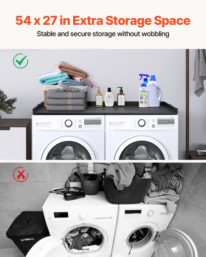 Start2Finish VEVOR washer dryer countertop with 3 splicing panels, wooden, water-resistant laundry top with non-slip pads.