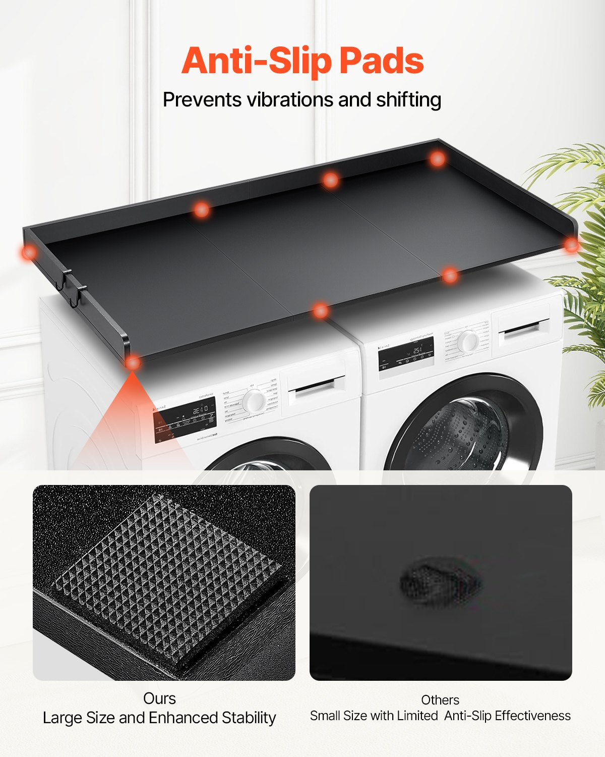 Start2Finish VEVOR washer dryer countertop with 3 splicing panels, water-resistant wooden top, non-slip pads for laundry room.