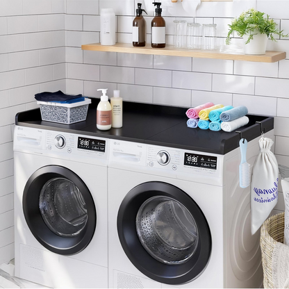 Start2Finish VEVOR washer dryer countertop in black, 54" x 27", wooden surface with splicing panels and non-slip pads for laundry organization.