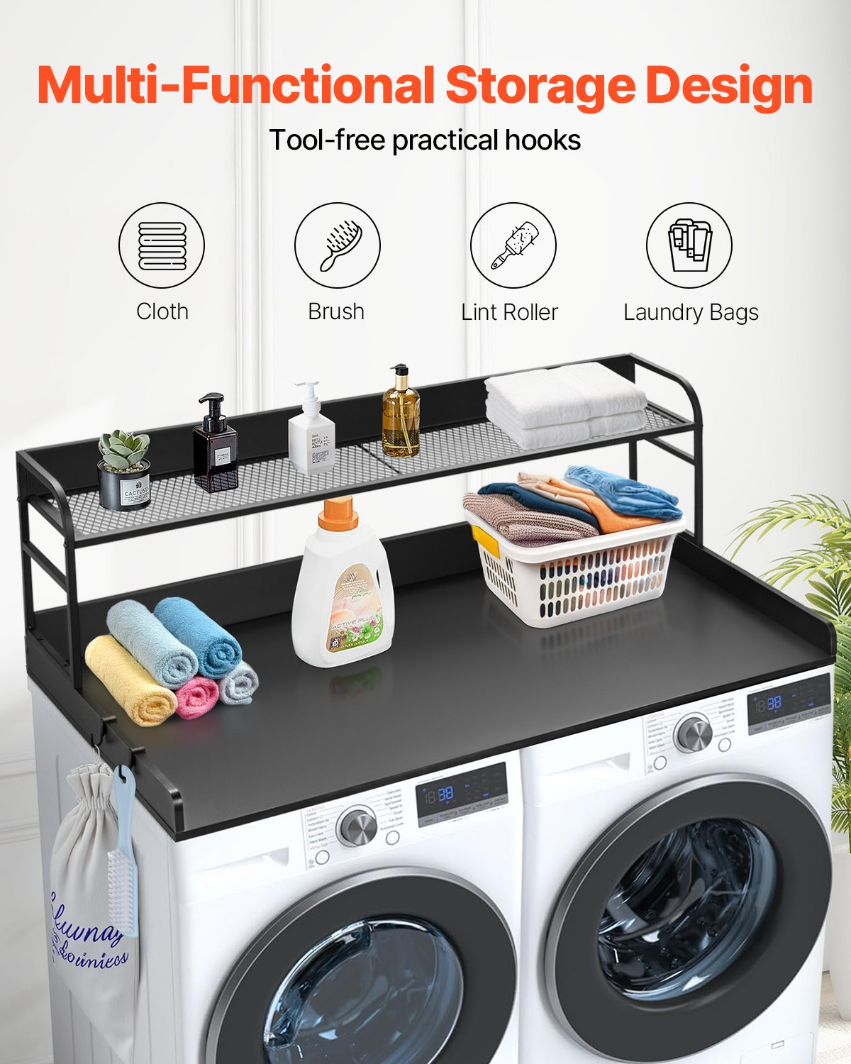 Start2Finish VEVOR washer dryer countertop with 2-tier shelf, water-resistant wooden top, black anti-slip pads for laundry organization.