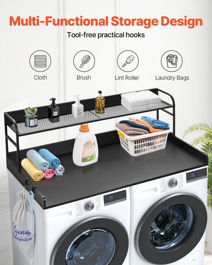Start2Finish VEVOR washer dryer countertop with 2-tier shelf, water-resistant wooden top, black anti-slip pads for laundry organization.