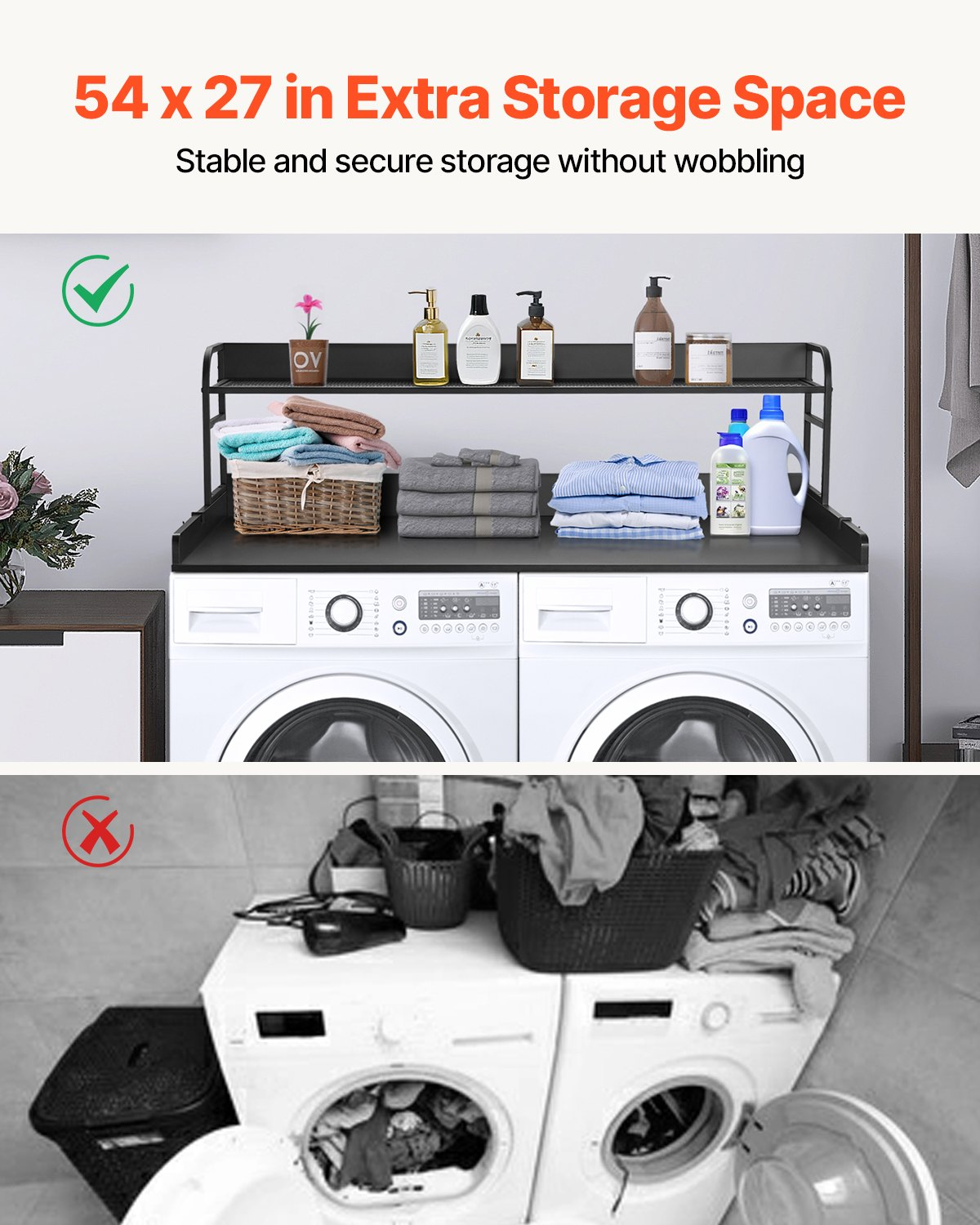 Start2Finish VEVOR washer dryer countertop in black with 2-tier shelf, water-resistant wood surface, anti-slip pads for laundry room.