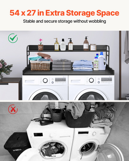 Start2Finish VEVOR washer dryer countertop in black with 2-tier shelf, water-resistant wood surface, anti-slip pads for laundry room.