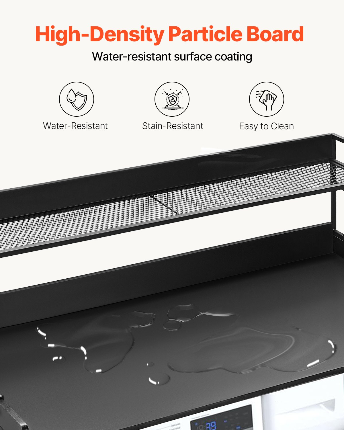 Start2Finish VEVOR washer dryer countertop with 2-tier shelf, black, water-resistant, anti-slip pads, ideal for laundry room organization.