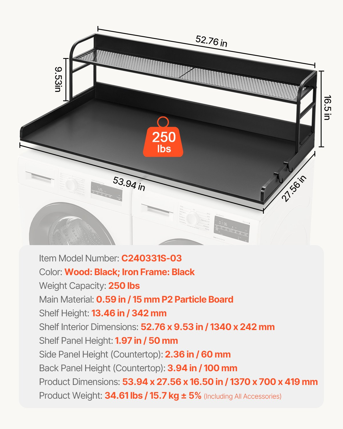 Start2Finish VEVOR black washer dryer countertop with 2-tier shelf, water-resistant, anti-slip pads, ideal for laundry room organization
