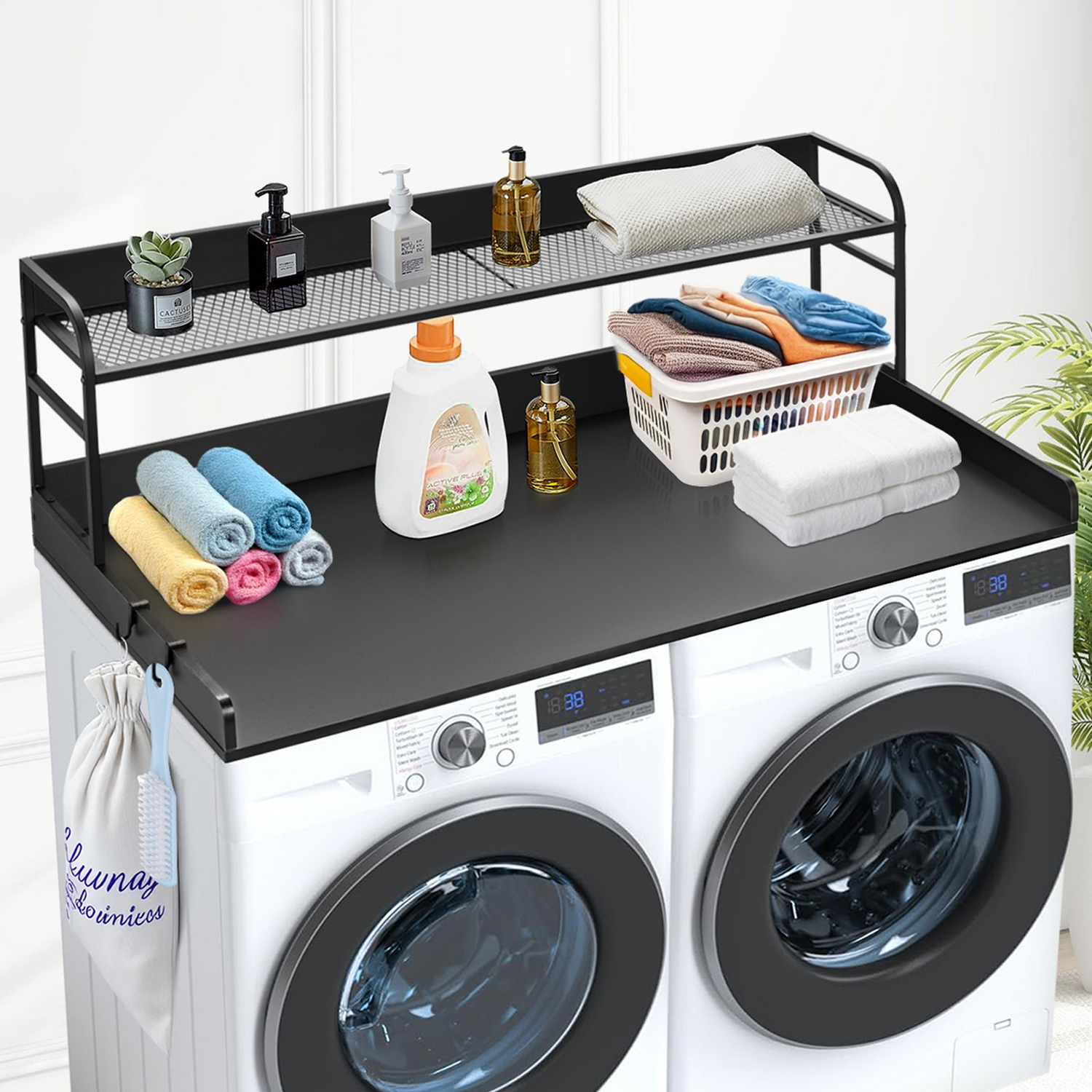 Start2Finish VEVOR washer dryer countertop with 2-tier shelf, black water-resistant wooden laundry top and anti-slip pads.