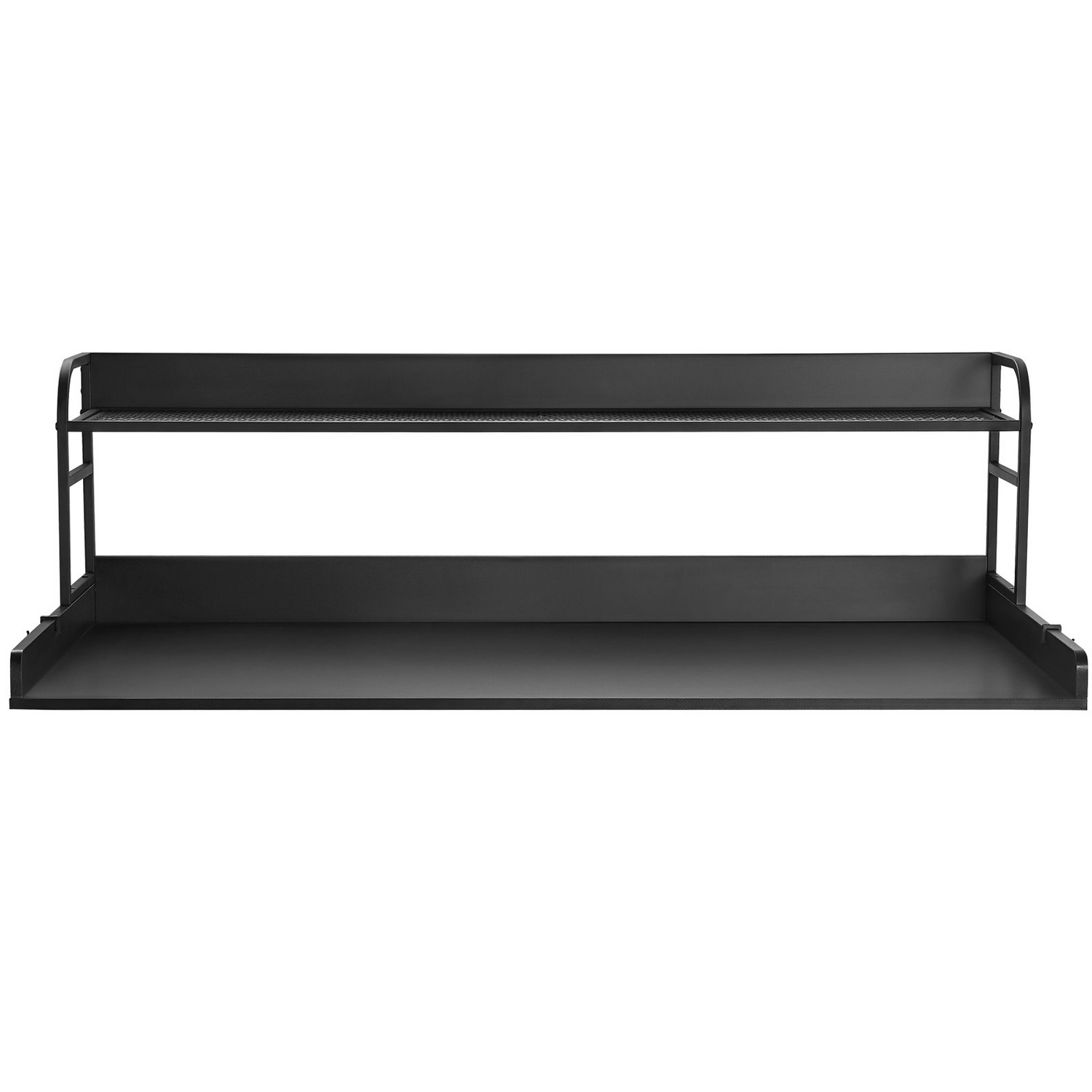 Black VEVOR washer dryer countertop with 2-tier shelf, water-resistant wood surface, anti-slip pads, ideal for laundry room storage.