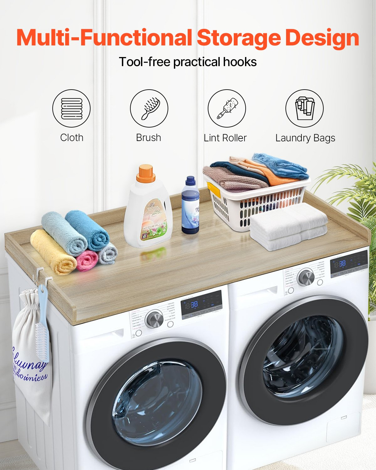 Wooden VEVOR washer dryer countertop in oak, water-resistant laundry machine topper with anti-slip pads for home laundry organization.