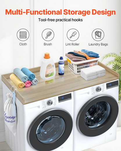 Wooden VEVOR washer dryer countertop in oak, water-resistant laundry machine topper with anti-slip pads for home laundry organization.