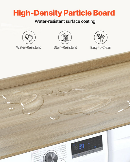 Wooden VEVOR washer dryer countertop in oak with anti-slip pads, water-resistant laundry room top cover, for organization and storage.