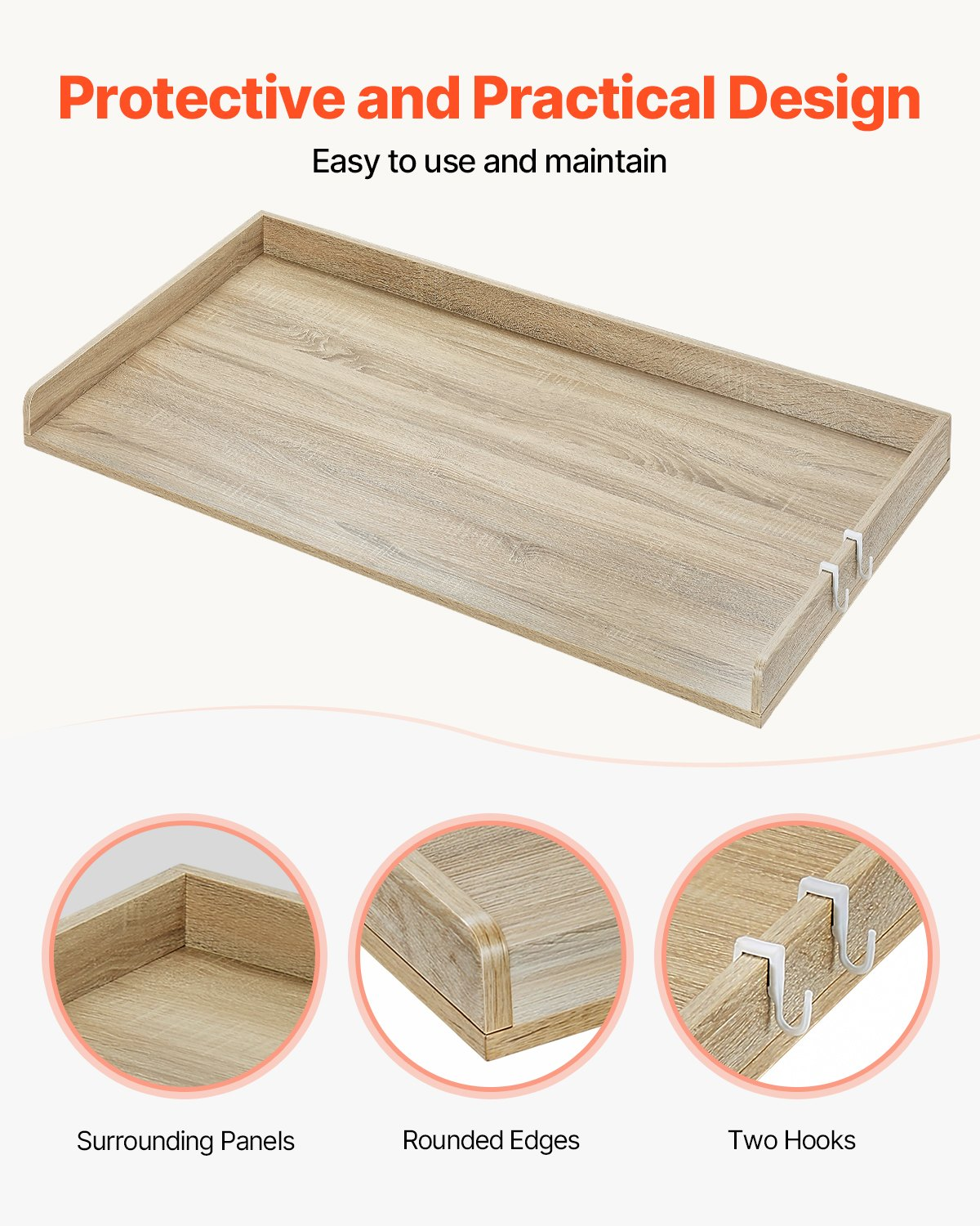 Wooden VEVOR washer dryer countertop in oak, water-resistant laundry machine top with anti-slip pads for home laundry organization.