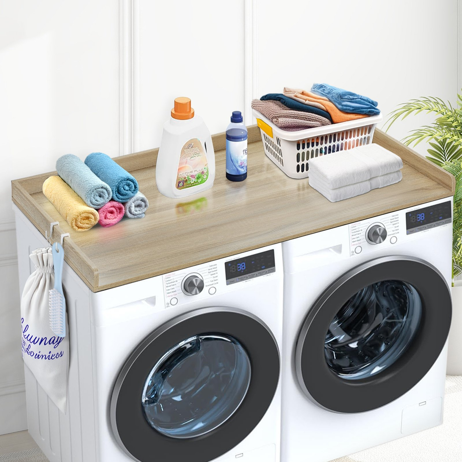 Wooden VEVOR washer dryer countertop in oak with anti-slip pads, designed for laundry room organization and water resistance.