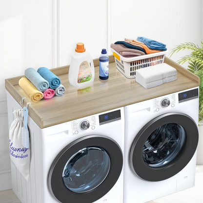 Wooden VEVOR washer dryer countertop in oak with anti-slip pads, designed for laundry room organization and water resistance.