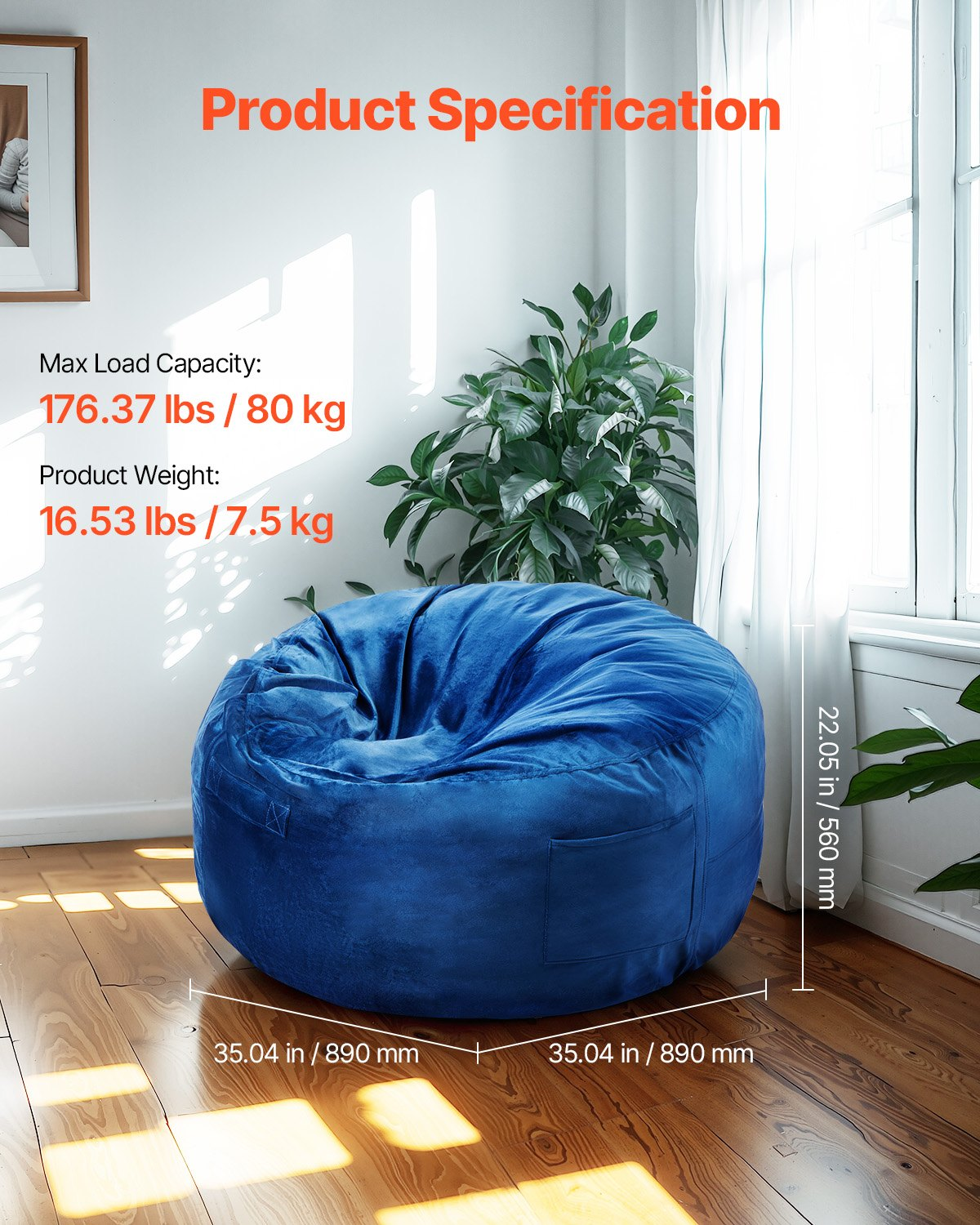Start2Finish VEVOR blue 3-foot round bean bag chair with removable washable cover and memory foam filling, perfect for bedroom or playroom