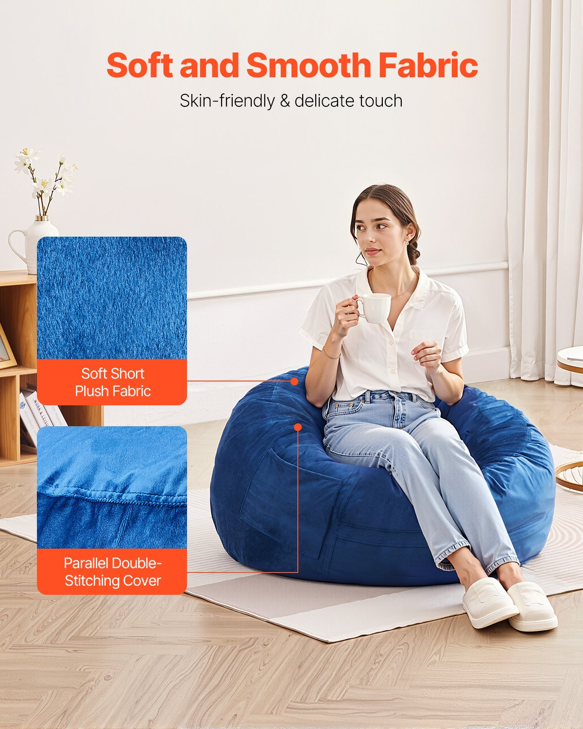 Start2Finish blue 3-foot round bean bag chair with washable cover, memory foam filling, soft Dutch velvet for bedroom or playroom.