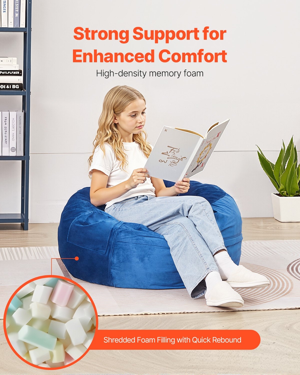 Start2Finish VEVOR blue round bean bag chair with washable cover, 3 feet size, soft Dutch velvet and memory foam filling.