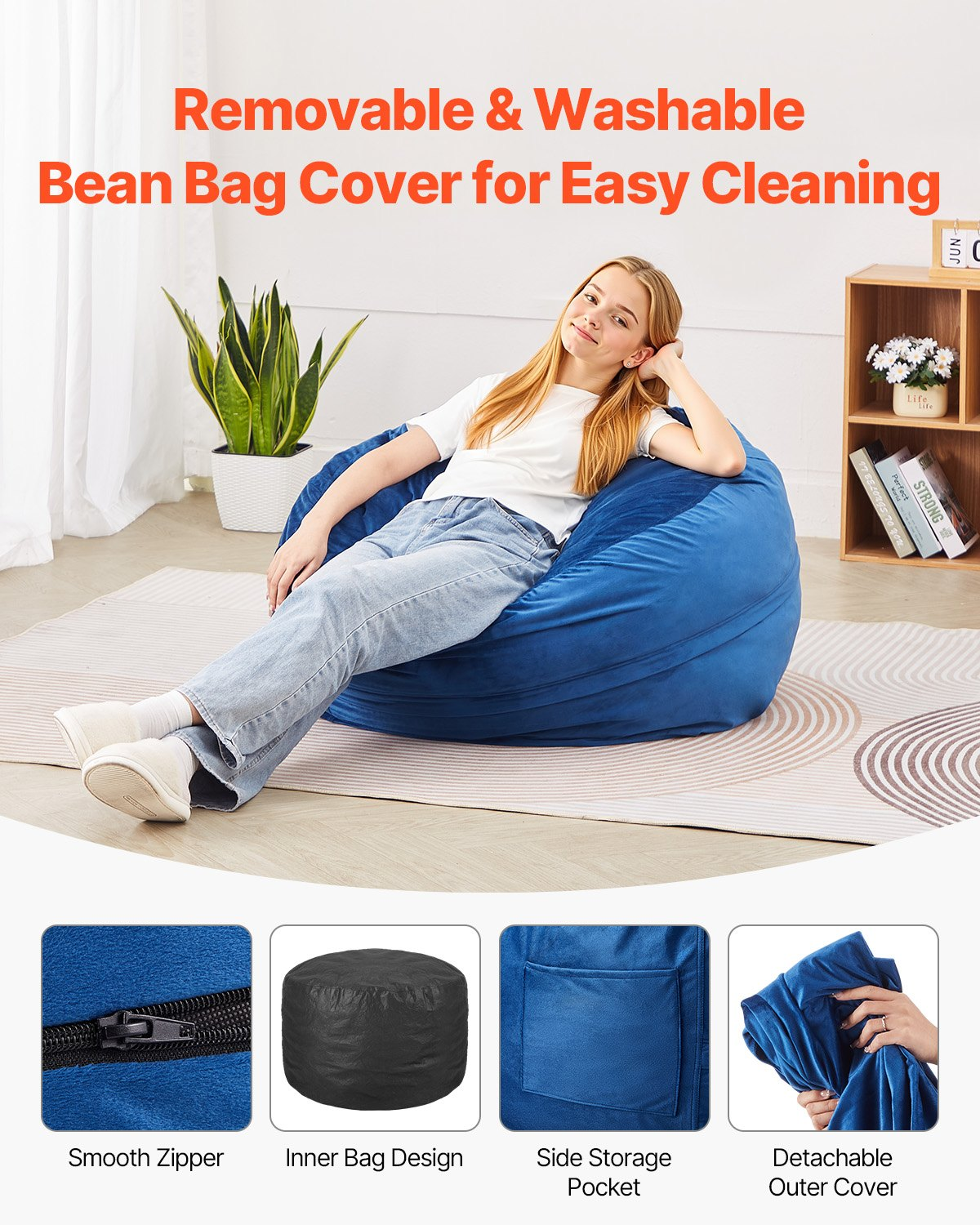 Blue VEVOR bean bag chair, 3-foot round furniture with washable cover, filled with memory foam and Dutch velvet for bedroom or playroom.