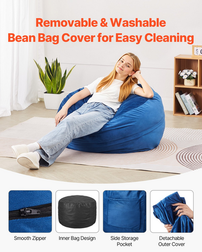 Blue VEVOR bean bag chair, 3-foot round furniture with washable cover, filled with memory foam and Dutch velvet for bedroom or playroom.