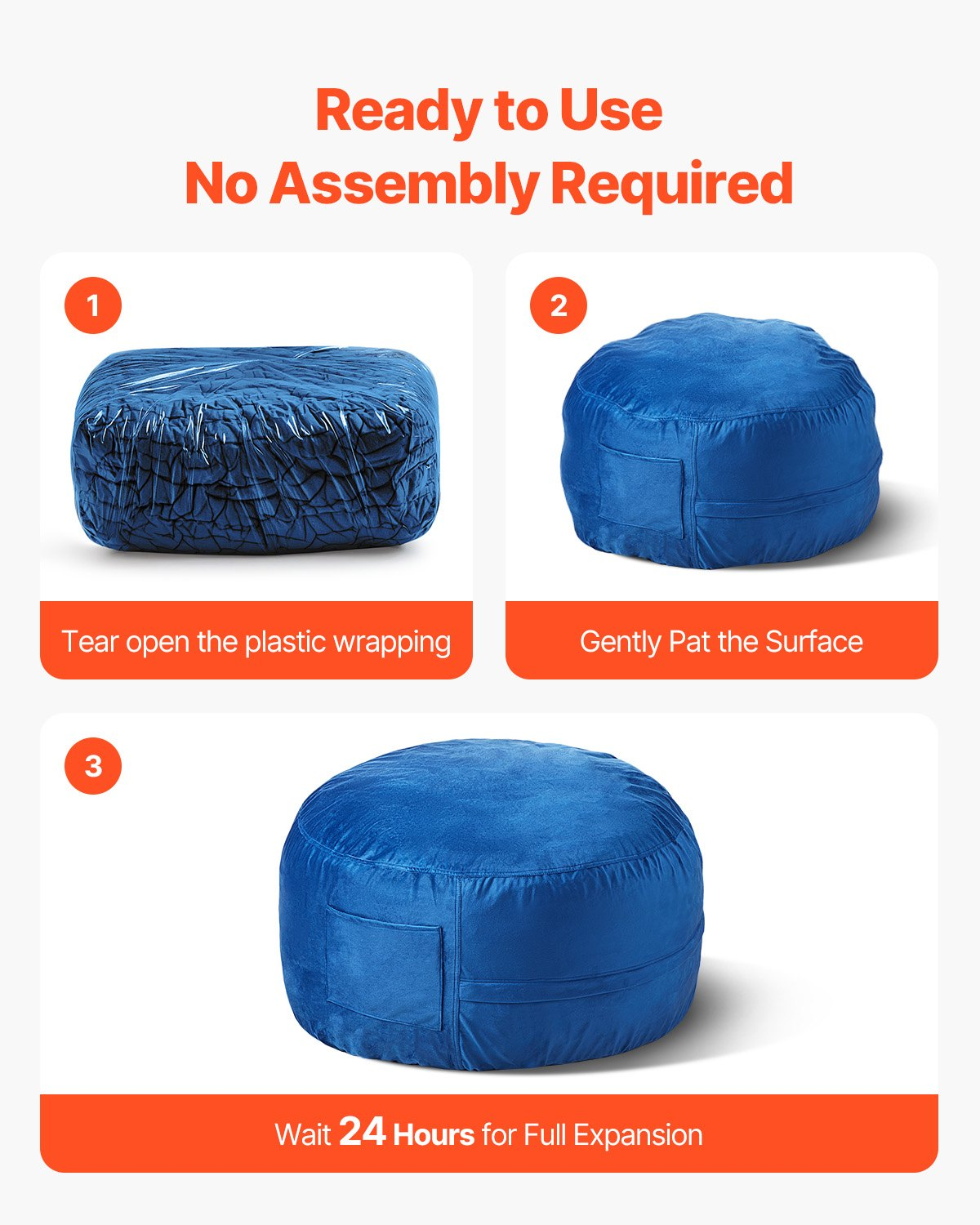 Blue VEVOR bean bag chair with removable washable cover, round 3-foot size, filled with memory foam and soft Dutch velvet fabric.