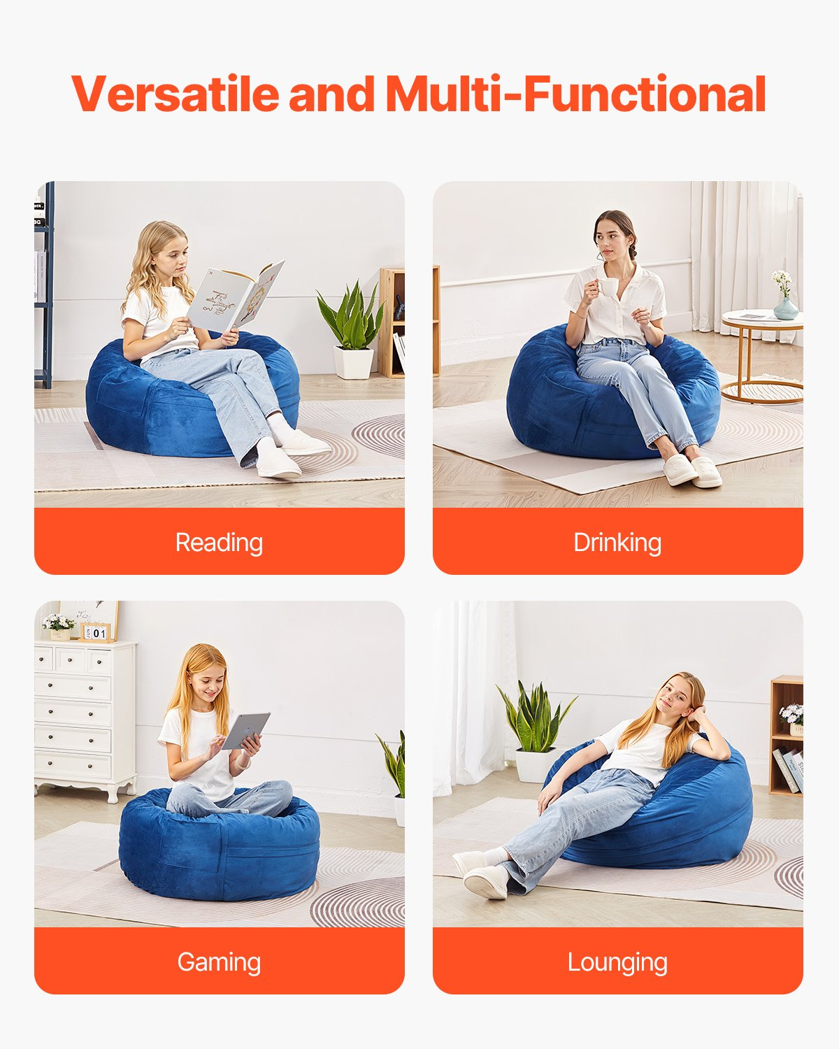 Start2Finish blue 3-foot round bean bag chair with removable washable cover, memory foam filling, soft Dutch velvet for bedroom or playroom.