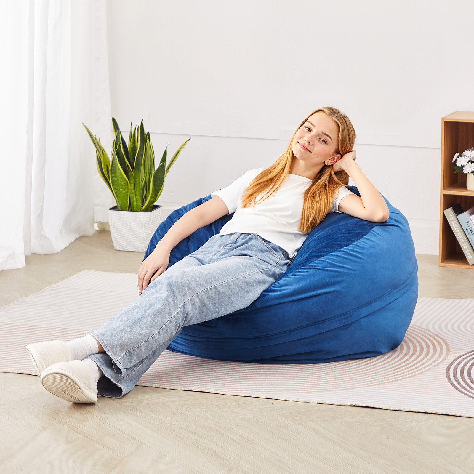 Start2Finish blue 3-foot round bean bag chair with washable cover, memory foam filling, soft velvet fabric, ideal for bedroom or playroom.