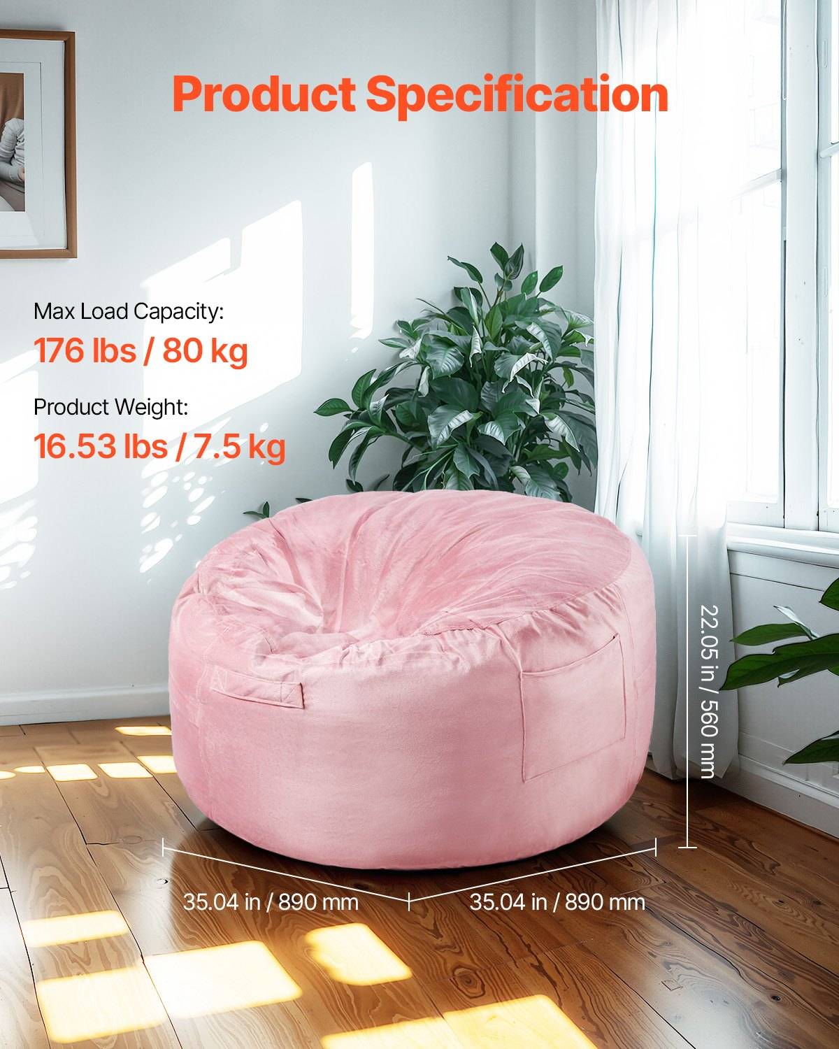 Start2Finish VEVOR pink 3-foot round bean bag chair with washable cover and memory foam filling, ideal for bedroom or playroom.