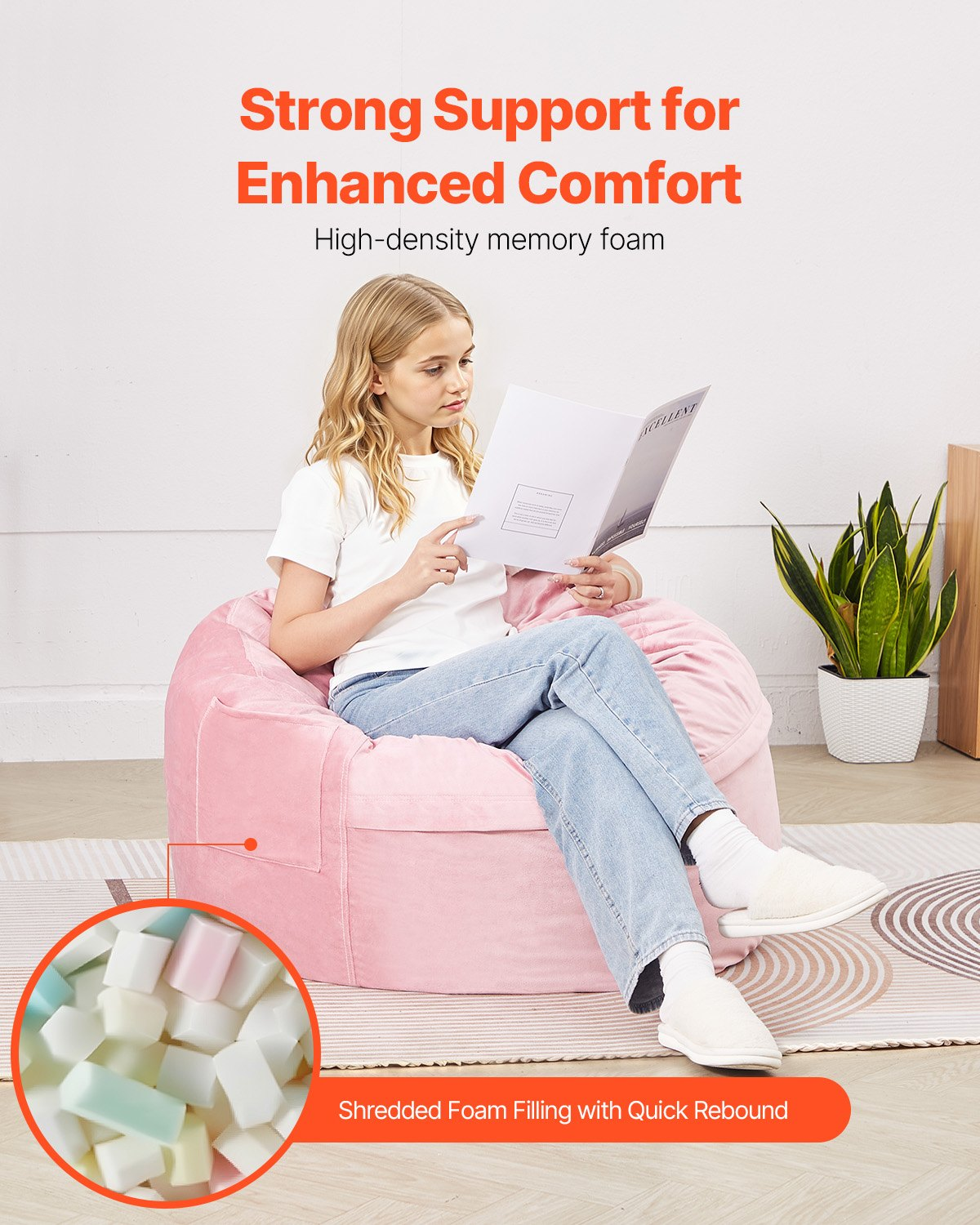 Start2Finish VEVOR pink 3-foot round bean bag chair with removable washable cover, memory foam fill, soft velvet for bedroom or playroom.