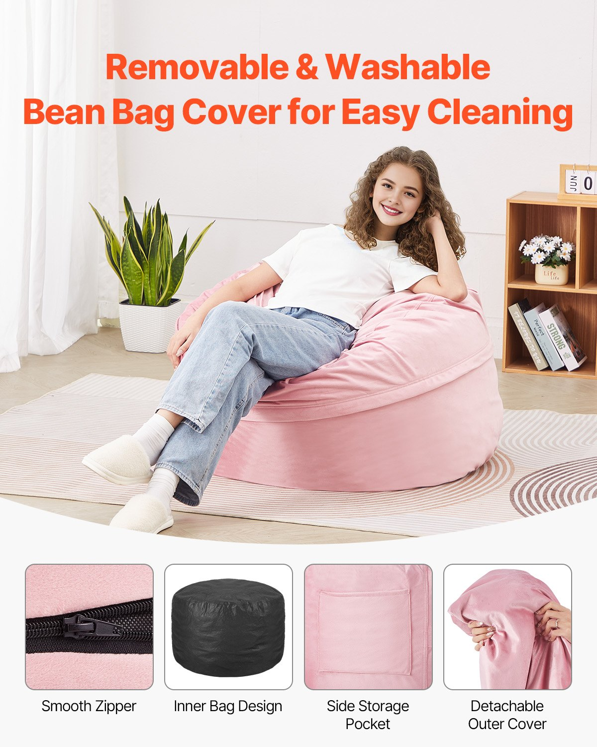 Start2Finish VEVOR pink round bean bag chair with removable washable cover, 3 feet diameter, filled with memory foam, in a bedroom or playroom.