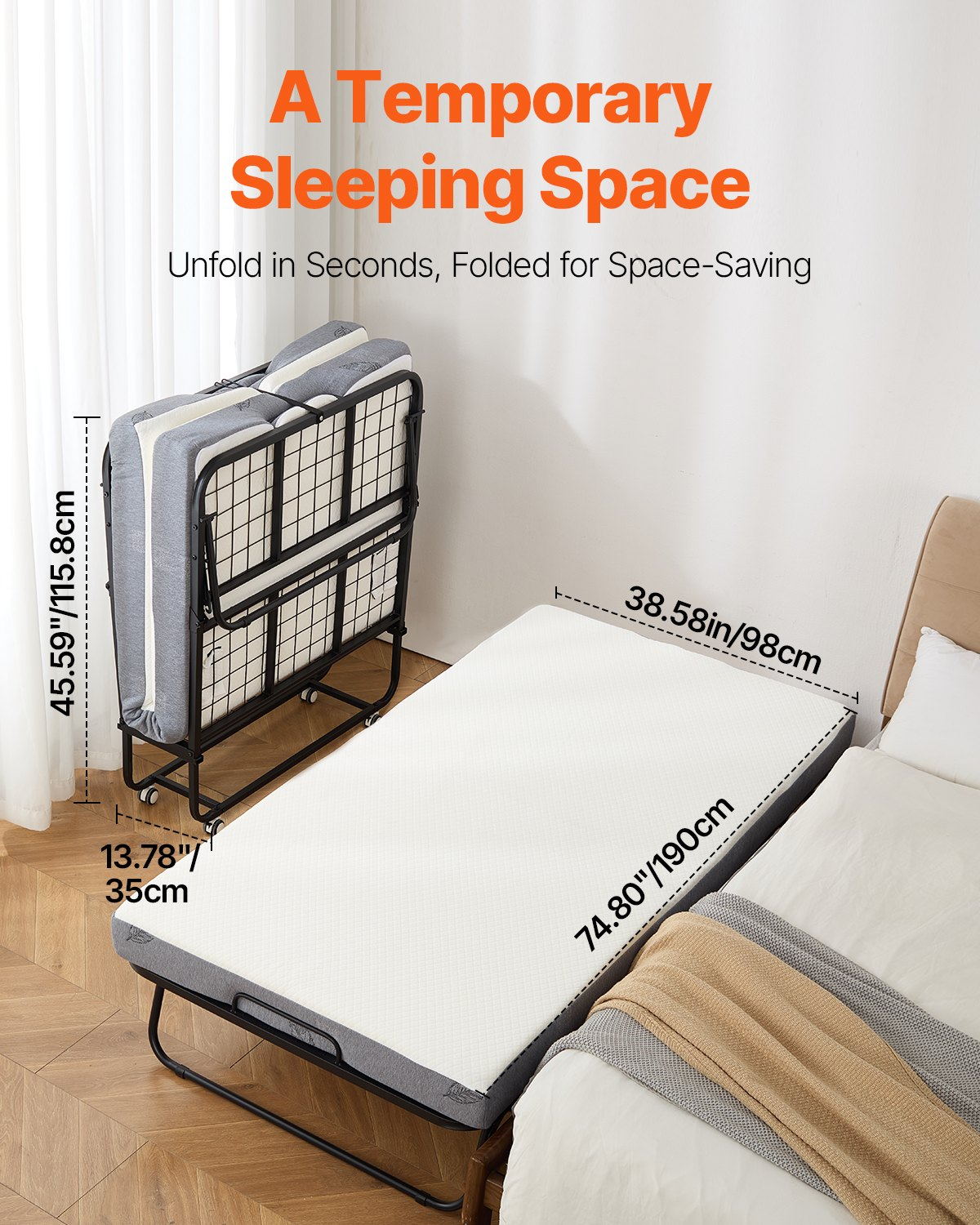 Start2Finish VEVOR rollaway bed with 38x75 inch foldable twin size metal frame and 5-inch memory foam mattress for adults.