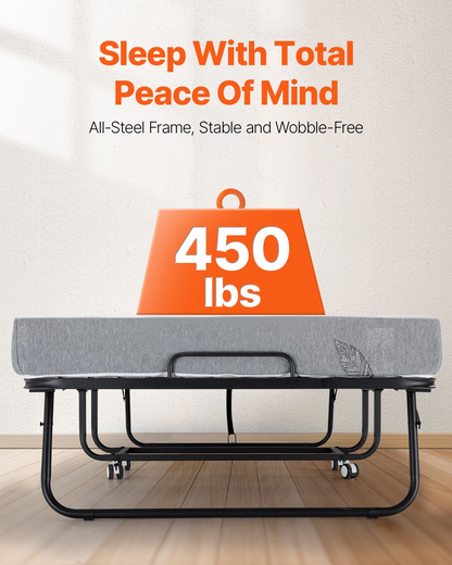 Start2Finish VEVOR foldable twin rollaway bed with metal frame and memory foam mattress, suitable for adults and guests.