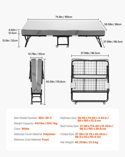 Start2Finish VEVOR rollaway bed with 38x75 inch folding bed, twin size, sturdy metal frame, and memory foam mattress for adults.