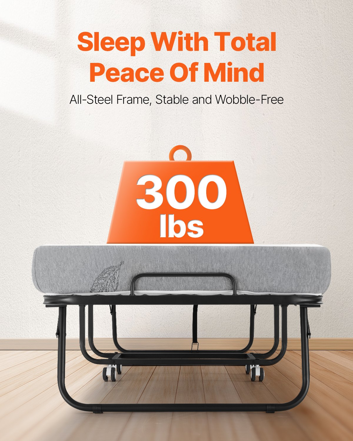Start2Finish VEVOR foldable twin rollaway bed with 5-inch memory foam mattress, sturdy metal frame, portable for adults and guests.