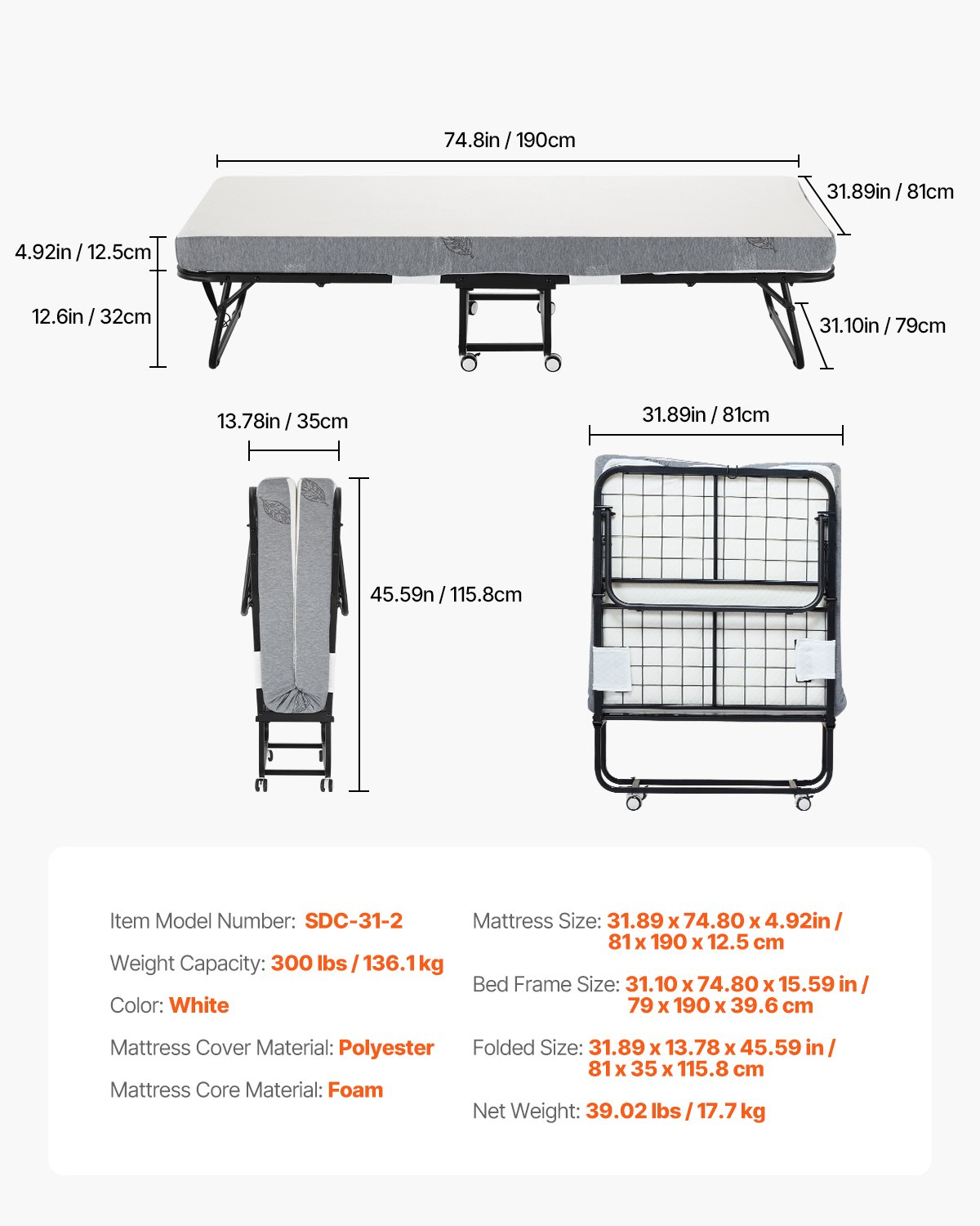 Start2Finish VEVOR rollaway bed with 31x75 inch foldable frame and 5-inch memory foam mattress for adults or guests.