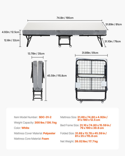 Start2Finish VEVOR rollaway bed with 31x75 inch foldable frame and 5-inch memory foam mattress for adults or guests.