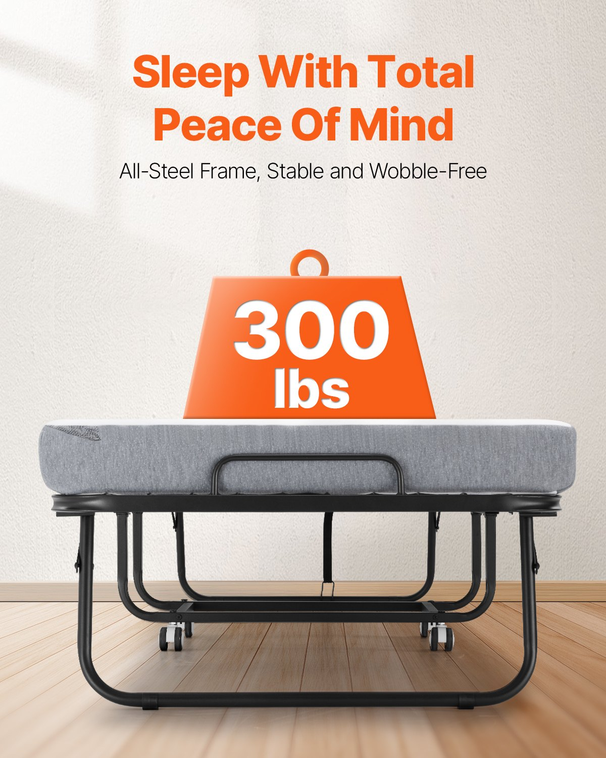 Start2Finish VEVOR foldable rollaway bed with twin size, sturdy metal frame and 4-inch memory foam mattress for adults and guests.