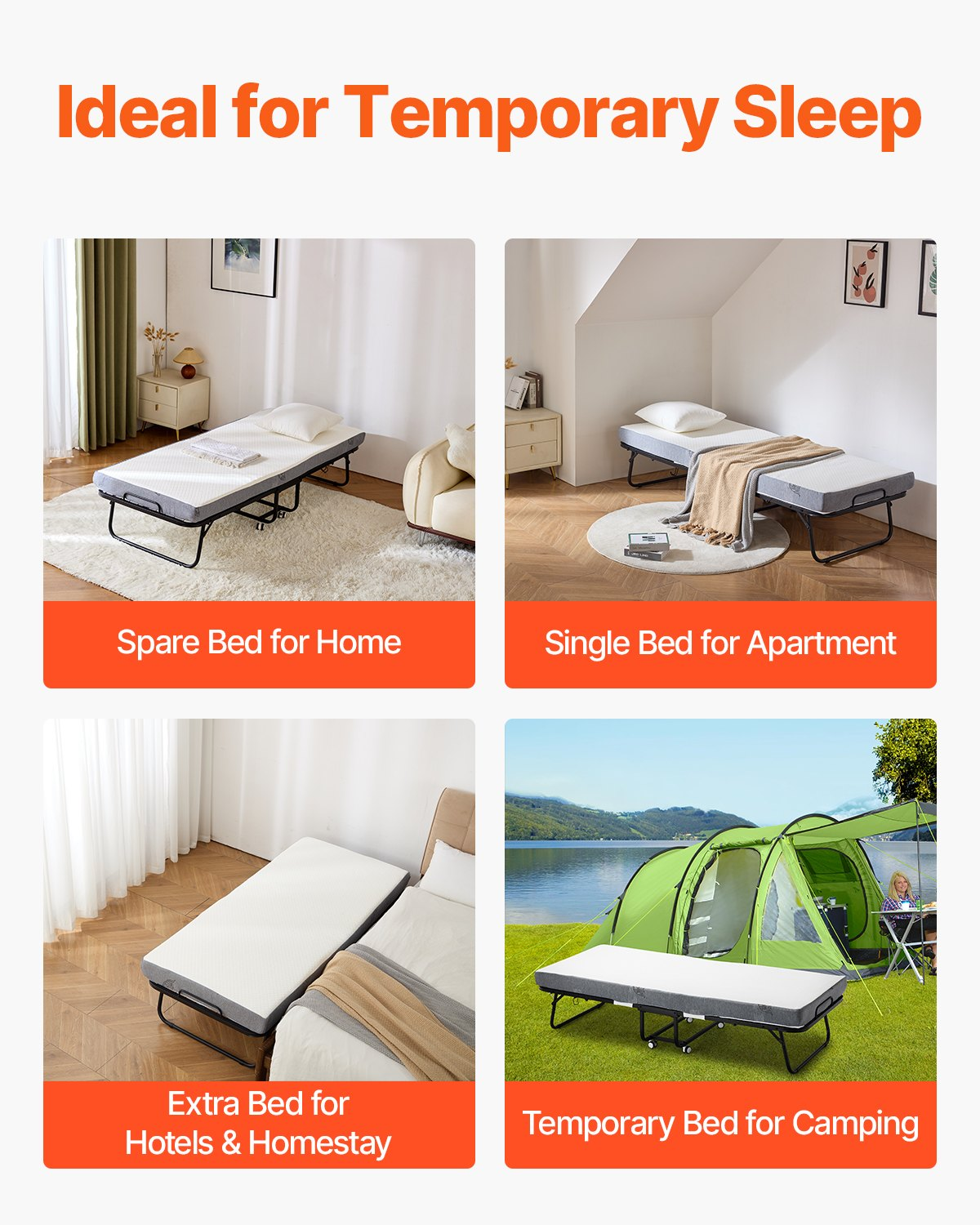 Start2Finish VEVOR foldable twin rollaway bed with sturdy metal frame and memory foam mattress, ideal for guests and adults.