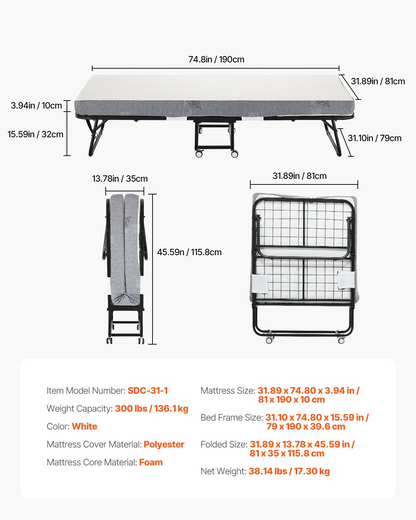 Start2Finish VEVOR rollaway bed with 4-inch mattress, twin size foldable metal frame, portable for adults and guest use.